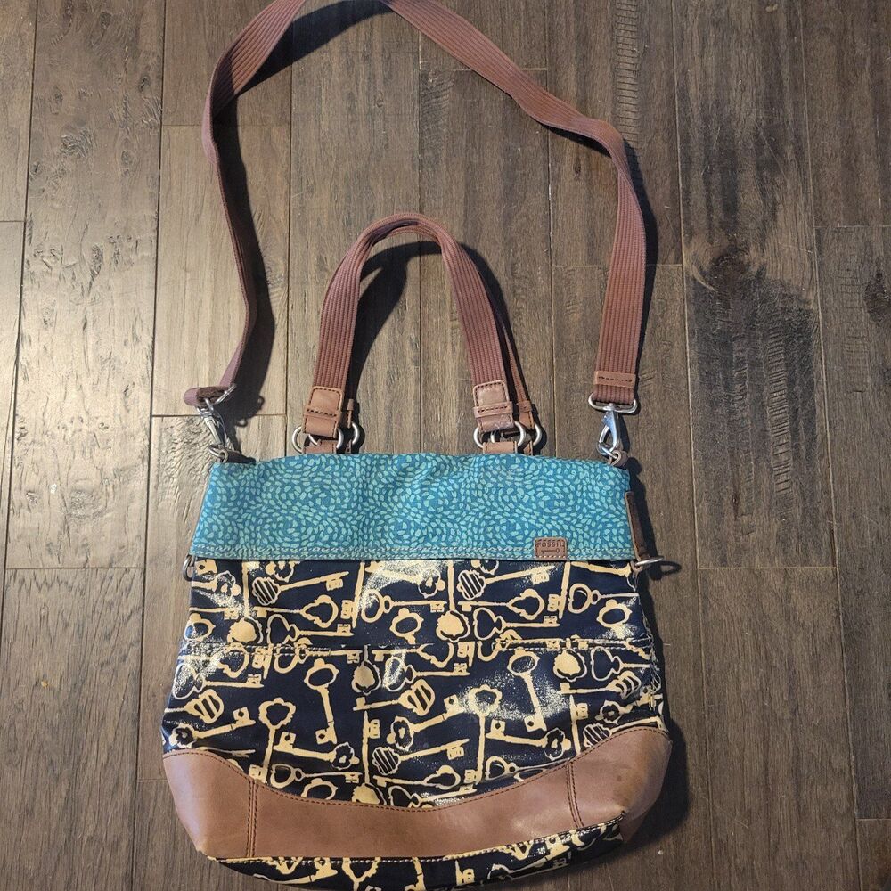 Fossil Key-Per Crossbody Tote Bag Navy Teal Vintage Key Print Coated Canvas - Picture 1 of 5